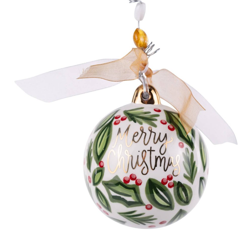 Merry Christmas holly ornament, hand-painted ceramic