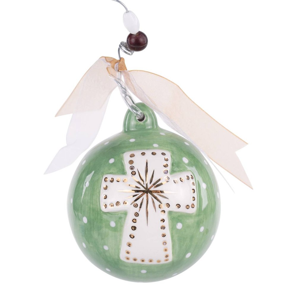 Gold star cross ornament, hand-painted ceramic